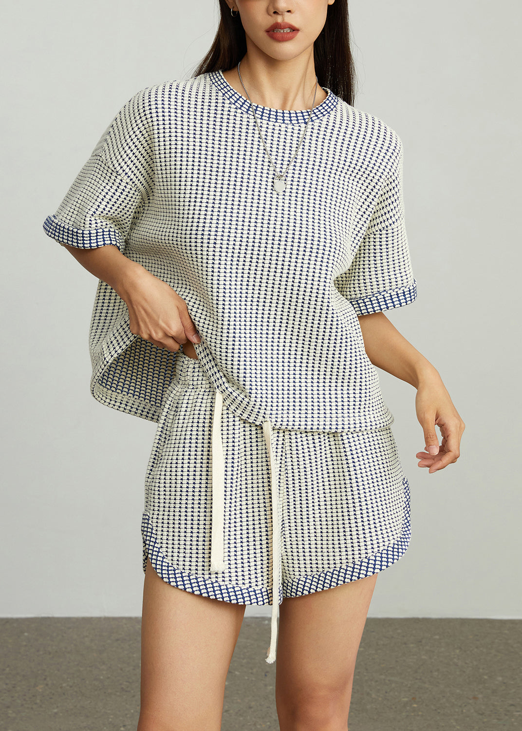 Blue Plaid Cotton Tanks and Shorts Two Piece Set Oversized Summer