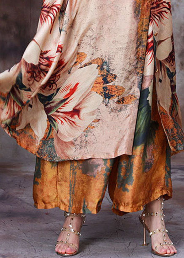 Yellow Stand Collar Print Silk Long Shirt and Crop Pant Two Pieces Set Summer