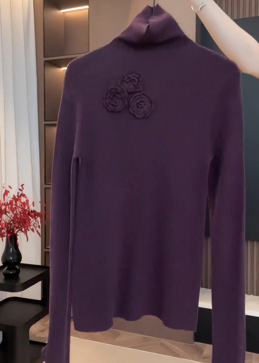 Fitted Purple Hign Neck Patchwork Knit Sweaters Fall