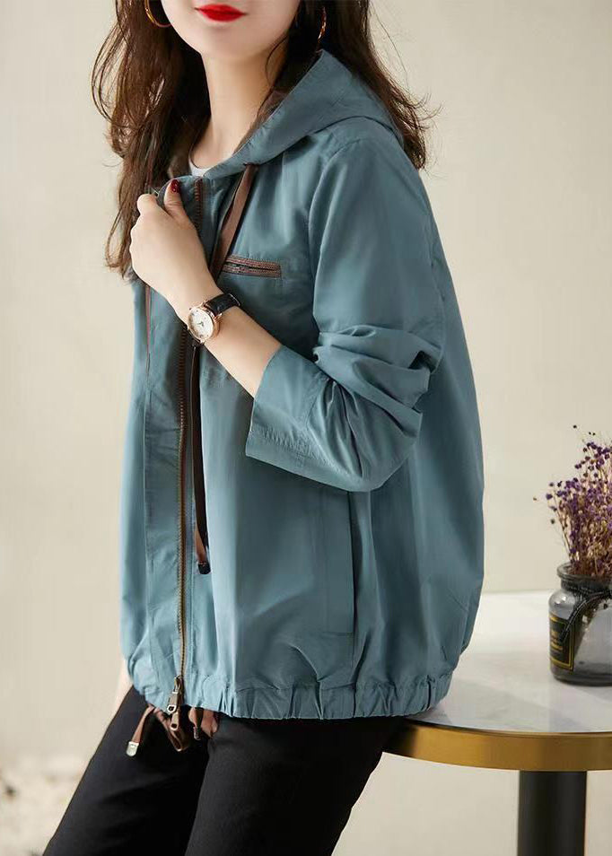 Blue Grey Hooded Zippered Pockets Cotton Coats Fall