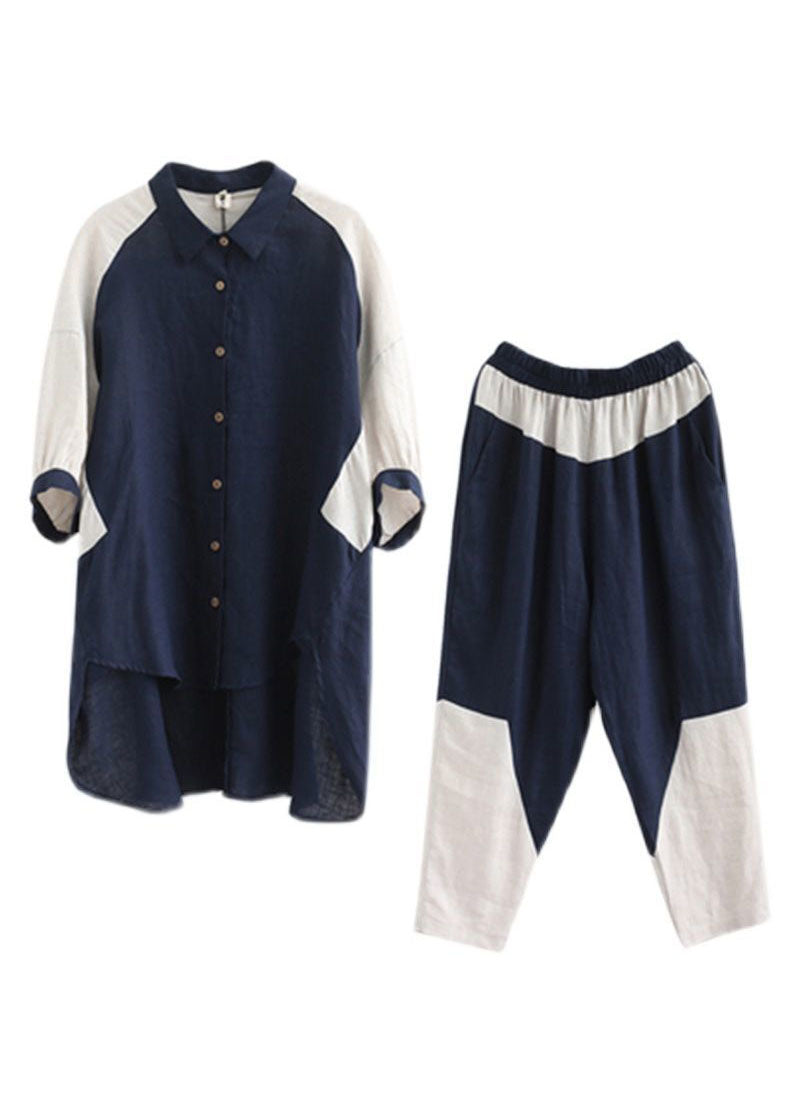 Navy Oversized Patchwork Cotton Two Pieces Set Batwing Sleeve