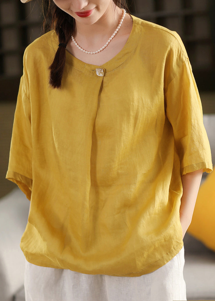 Yellow O Neck Linen Blouse Top Summer