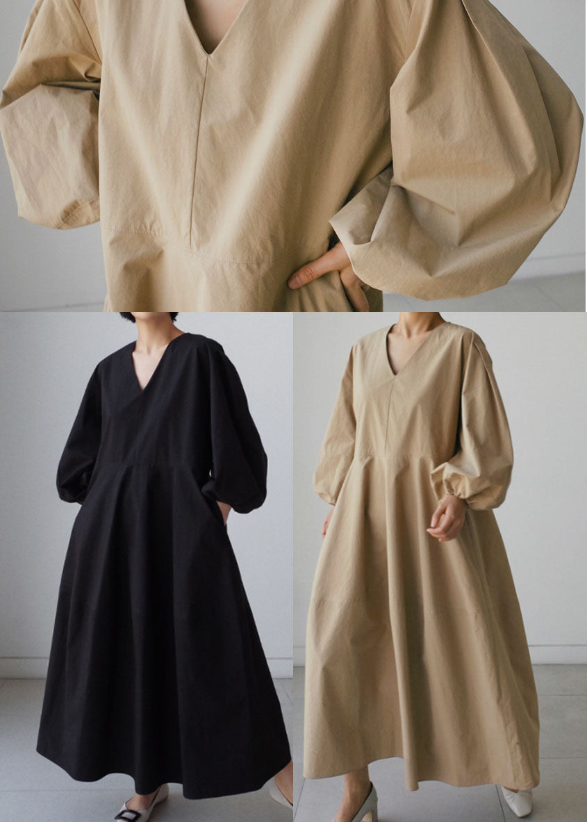 Natural Black V Neck Lantern Sleeve Cotton Party Dress