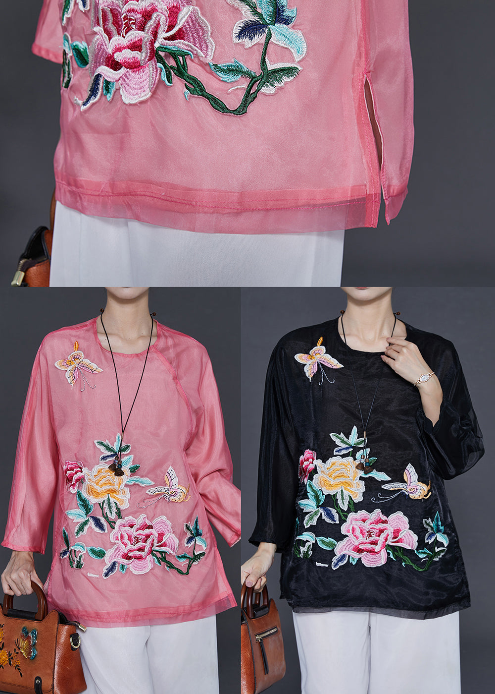 Pink Embroidered Organza Blouses Summer