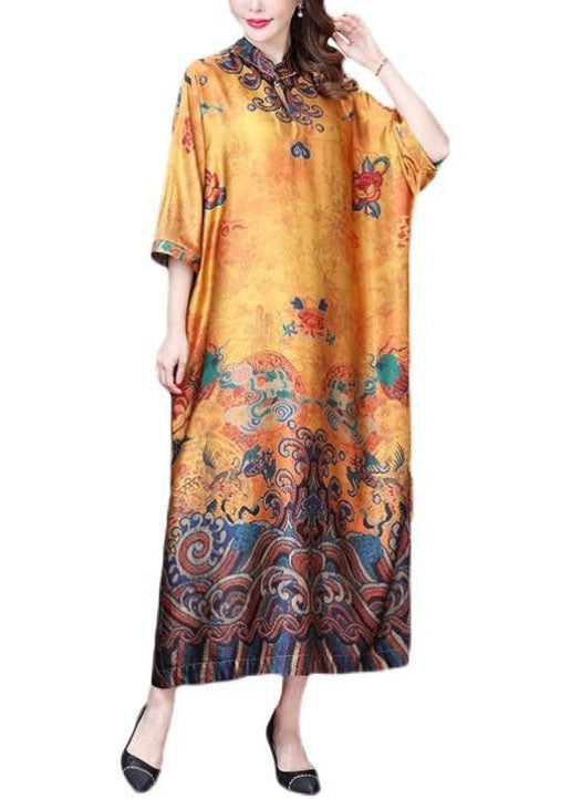Yellow Mandarin Collar Print Silk Dresses Batwing Sleeve