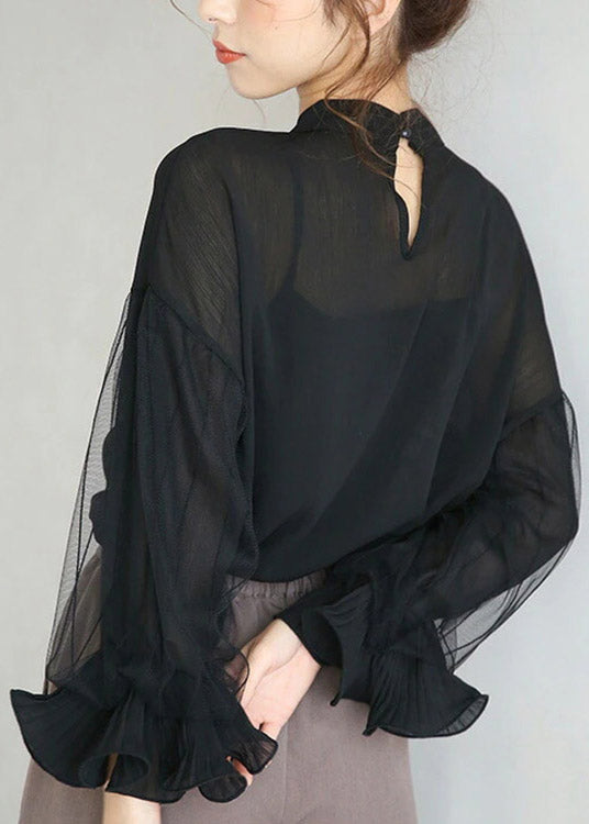 Diy Pink O-neck Tulle Patchwork Chiffon Shirt Lantern Sleeve