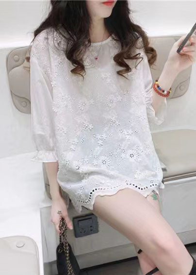 White Jacquard Half Sleeve Cotton Blouse Top Summer
