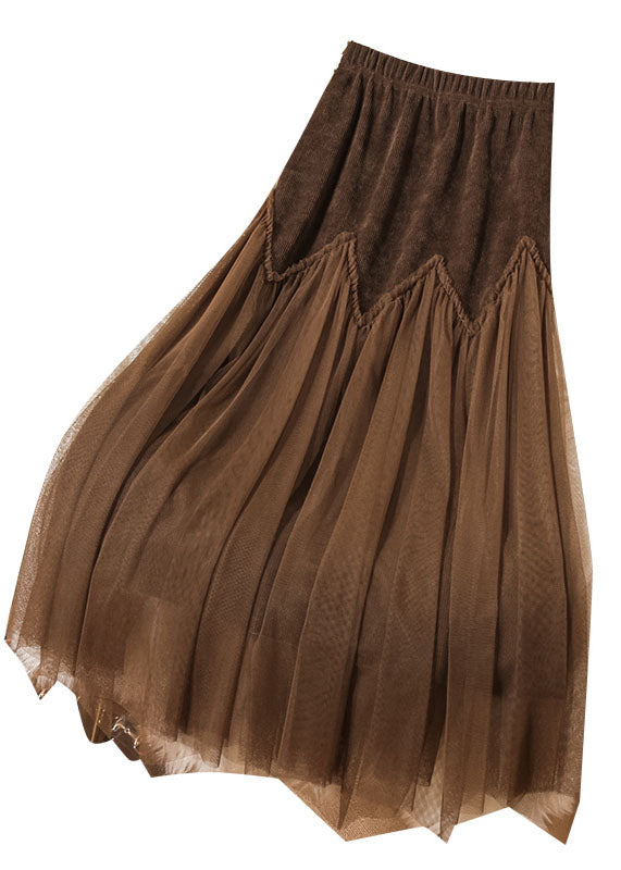 Chocolate High Waist Patchwork Corduroy Wrinkled Tulle Skirt Spring