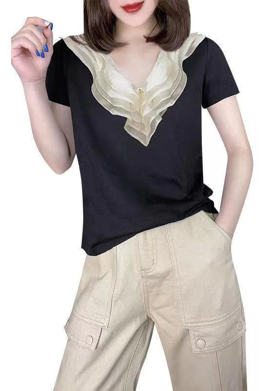 Style Black V Neck Ruffled Patchwork Silk Blouse Tops Summer