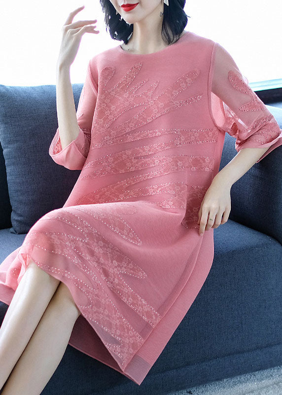 Pink O-neck Embroideried Tulle Maxi Dresses Fall