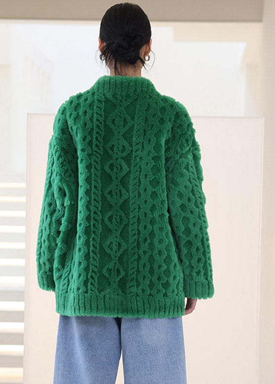 Green V Neck Thick Button Woolen Coats Winter
