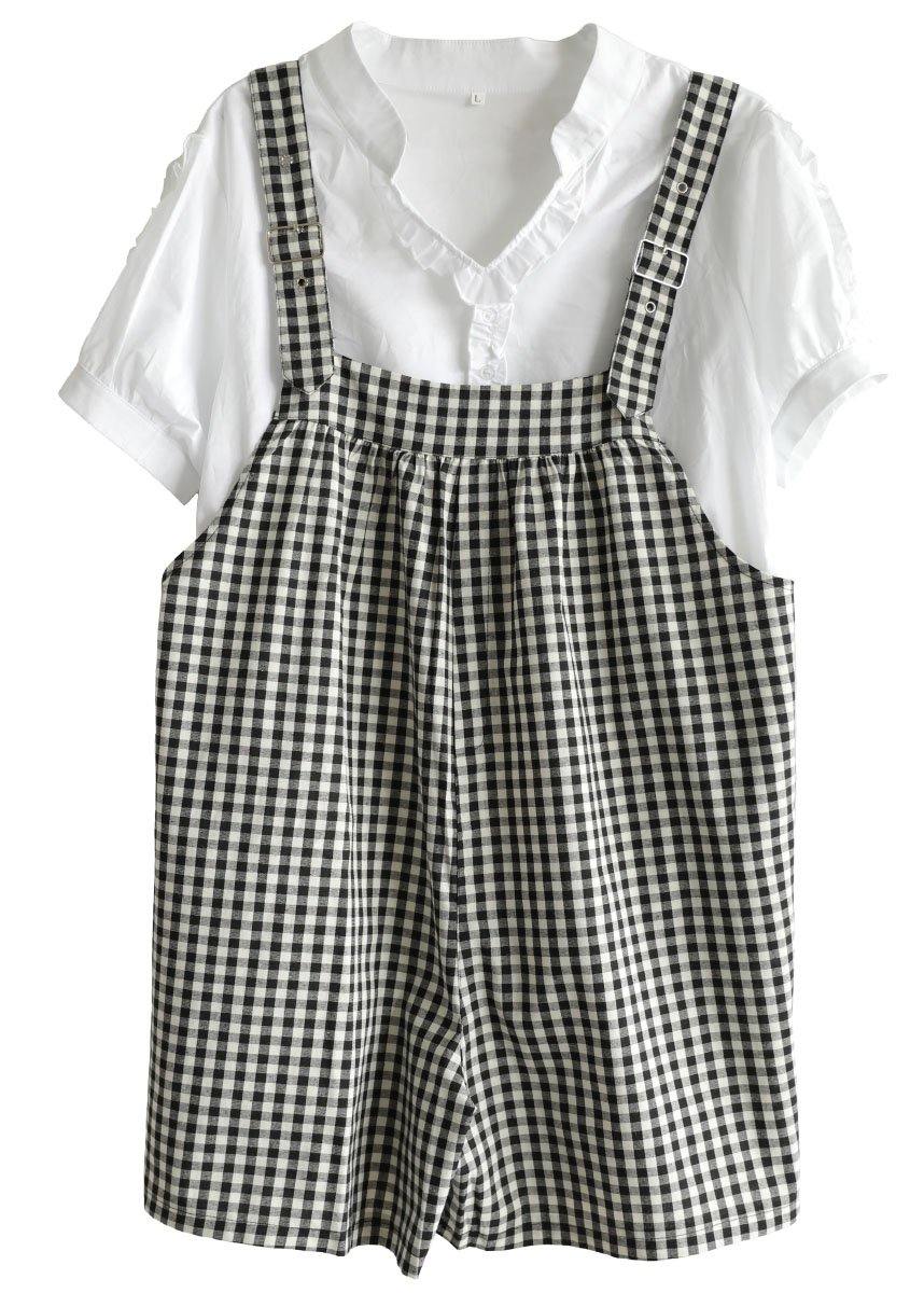 White V Neck Short Sleeve Plaid Carpenter Pants Summer Cotton Two Piece Suit Set