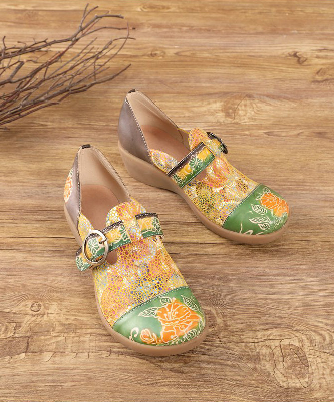 Yellow Buckle Strap Embossed Wedge High Wedge Heels Shoes