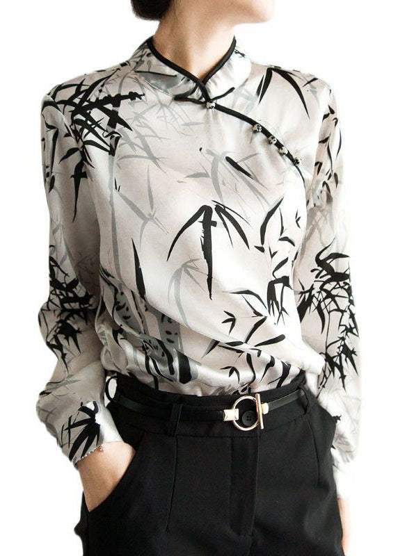 White Mandarin Collar Print Chiffon Shirt Top Spring