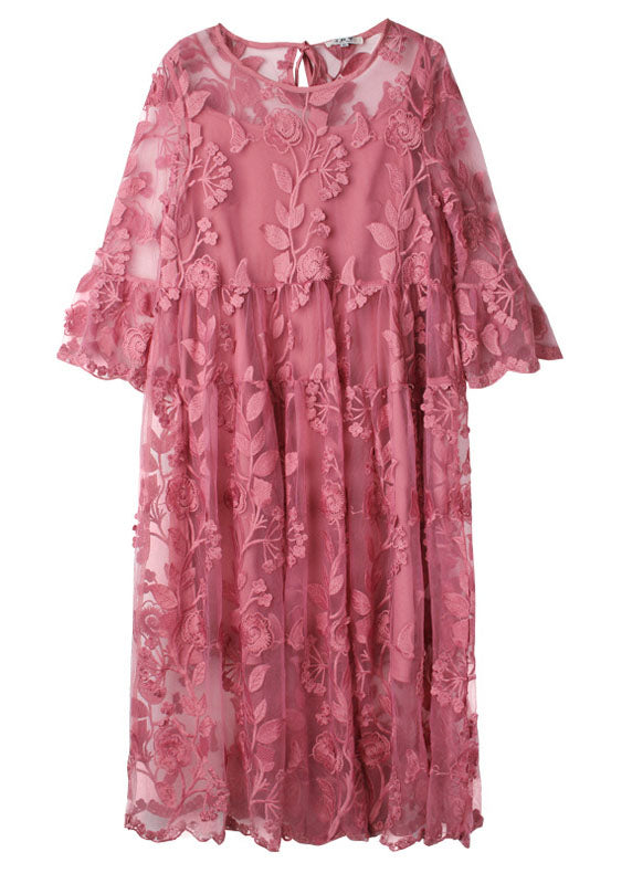 Pink Embroideried O-neck Two Pieces Set Lace Dress