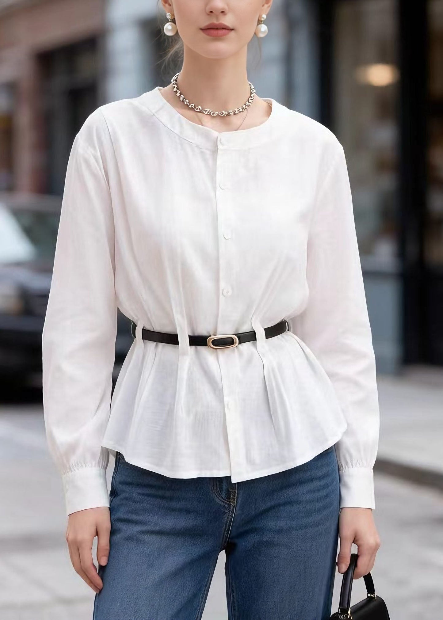 Style White O Neck Button Sashes Cotton Top Spring