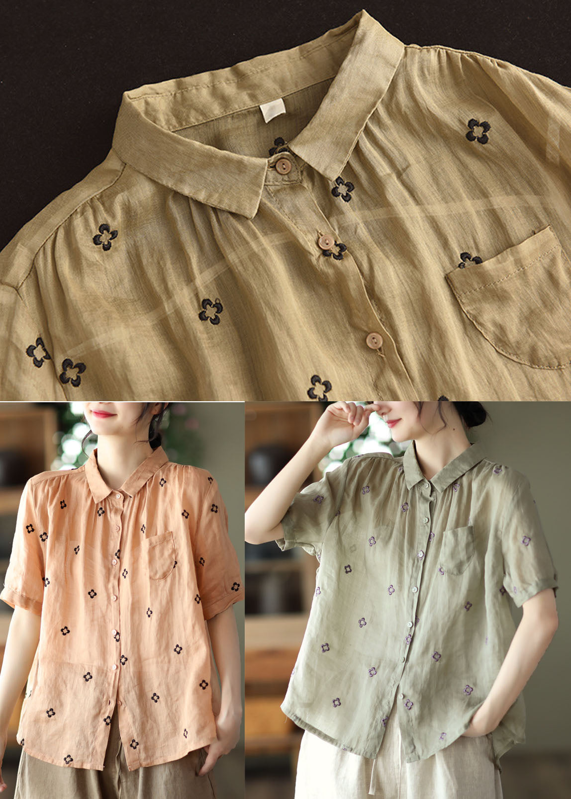Grey Green Embroideried Linen Shirt Top Short Sleeve