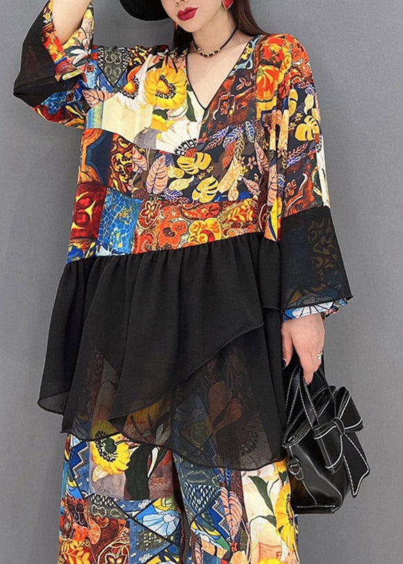 Modern V Neck Print Tulle Patchwork Chiffon Tops and Wide Leg Pants Two Pieces Set Spring