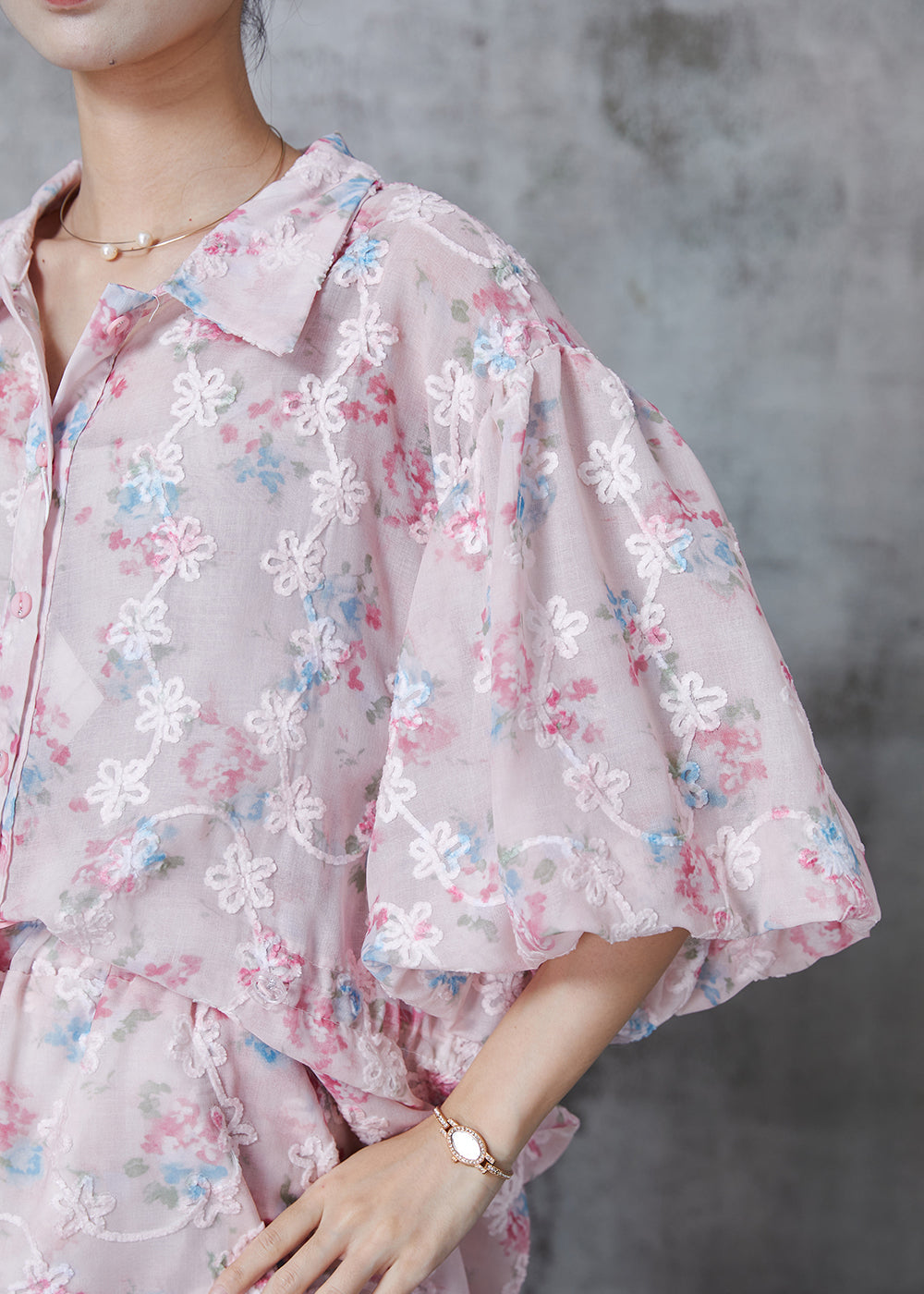 Pink Embroidered Print Chiffon Two Pieces Set Summer