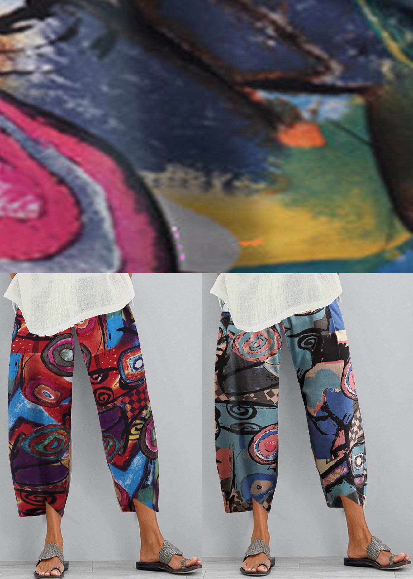 Cotton Hemp Printed Elastic Large Size Capris