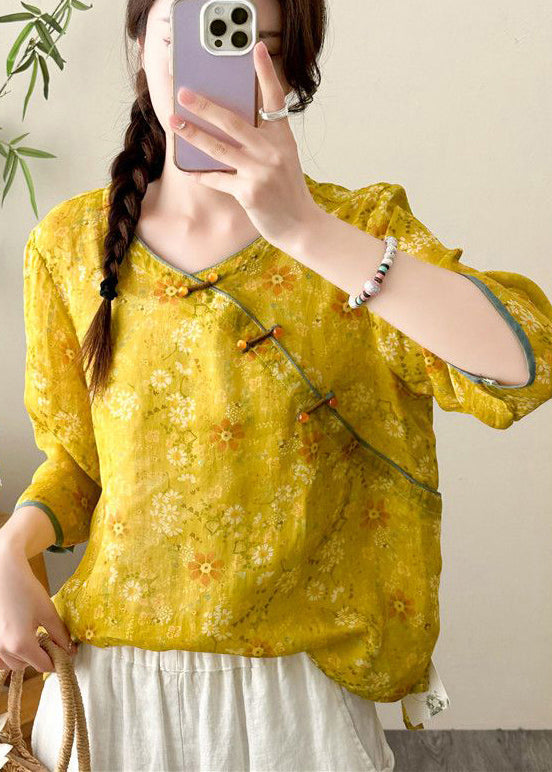 Yellow Print Chinese Button Linen Tops Fall