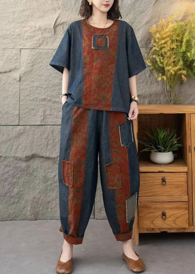 Navy Patchwork Applique Denim Two Pieces Set Oversized Summer