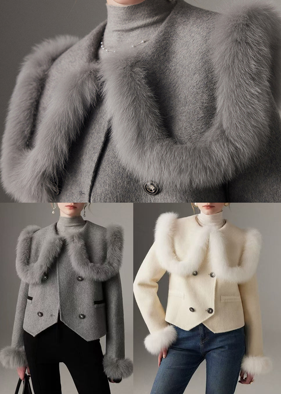 White Peter Pan Collar Patchwork Fox Fur Wool Coat Winter