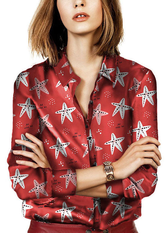 Red Button Peter Pan Collar Print Silk Blouse Top Long Sleeve