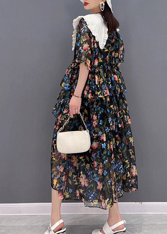 Black Sailor Collar Layered Design Cinched Print Chiffon Dress Short Sleeve