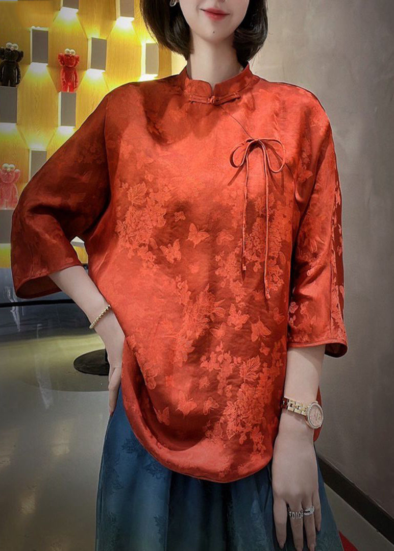 Original Red Stand Collar Chinese Button Bow Silk Top Three Quarter Sleeve