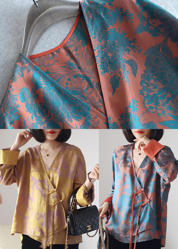 Yellow Print Patchwork Silk Tops Asymmetrical Long Sleeve