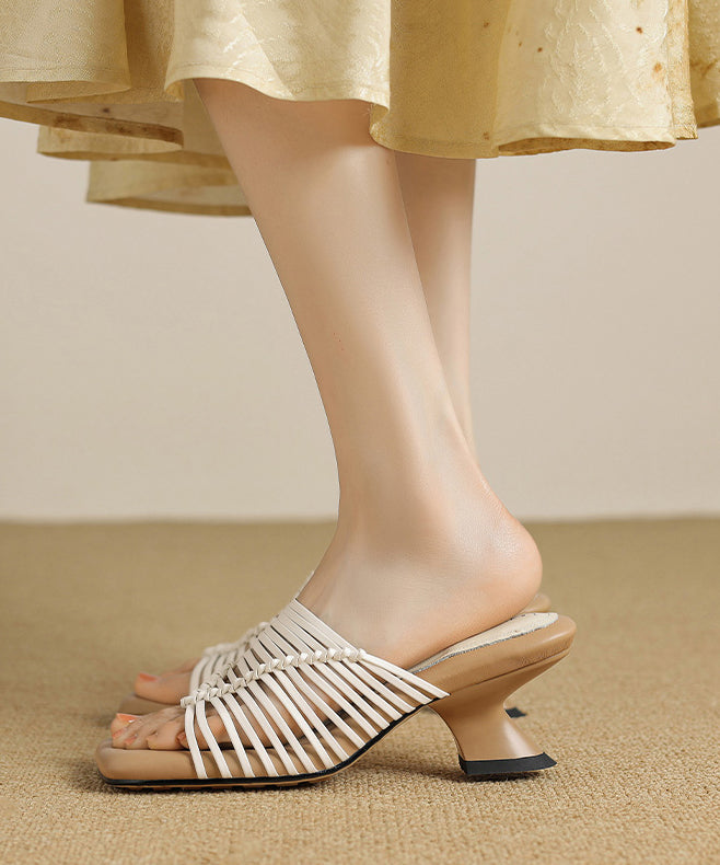 Beige Wedge Faux Leather Splicing Slide Sandals