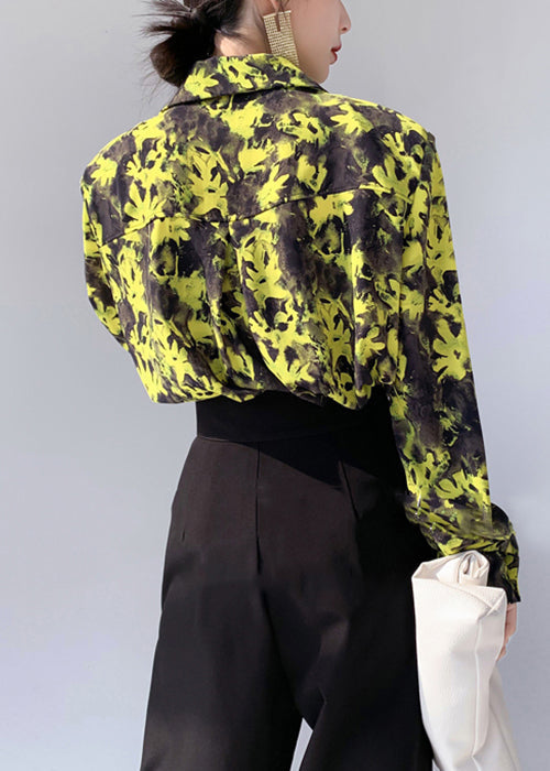 Yellow Peter Pan Collar Print Cotton Shirts Long Sleeve