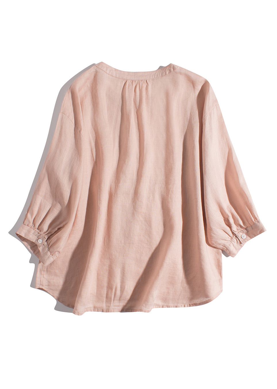 New Pink O-neck Button Linen Blouses Bracelet Sleeve