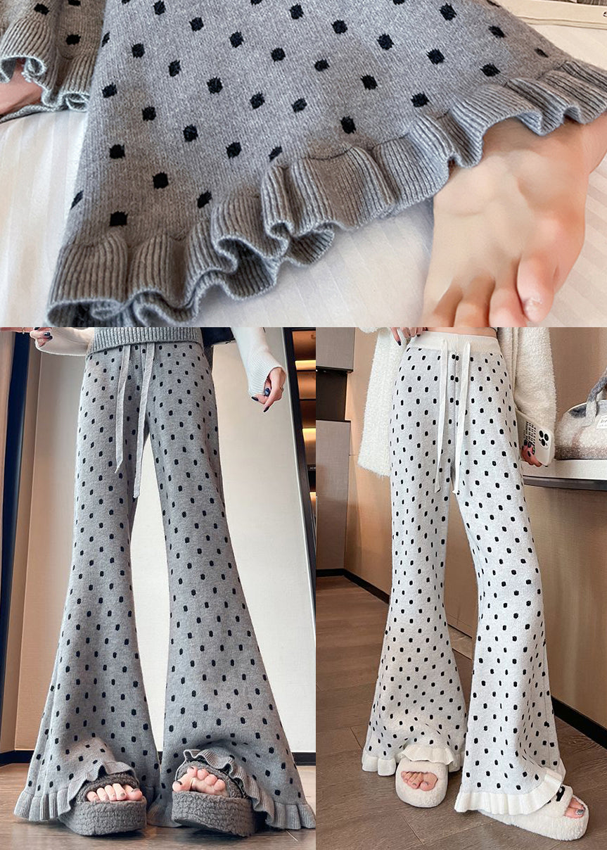 French Grey Ruffled Print Knit Bell-bottom Trousers Winter