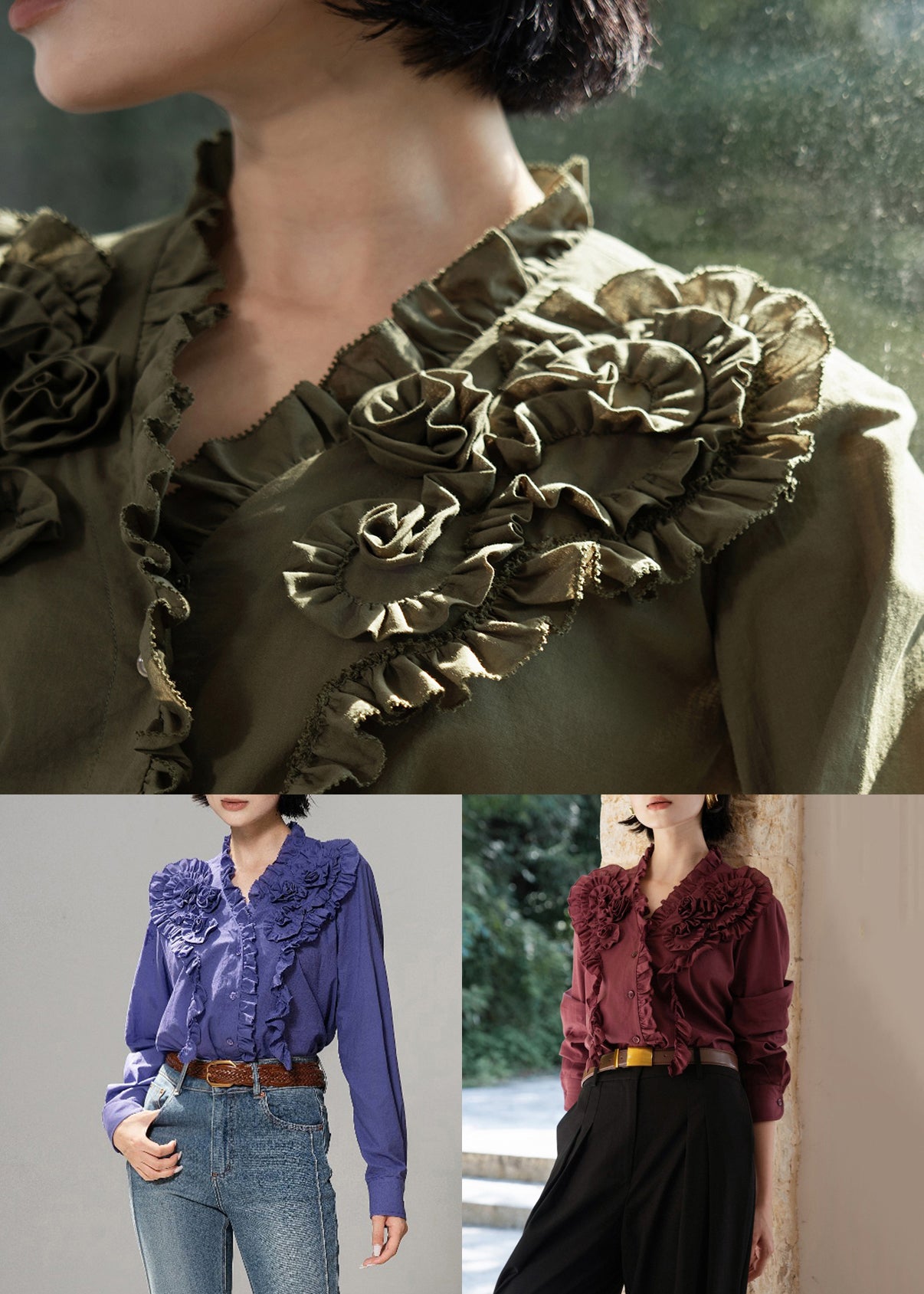 Loose Green Original Design Ruffled Cotton Blouses