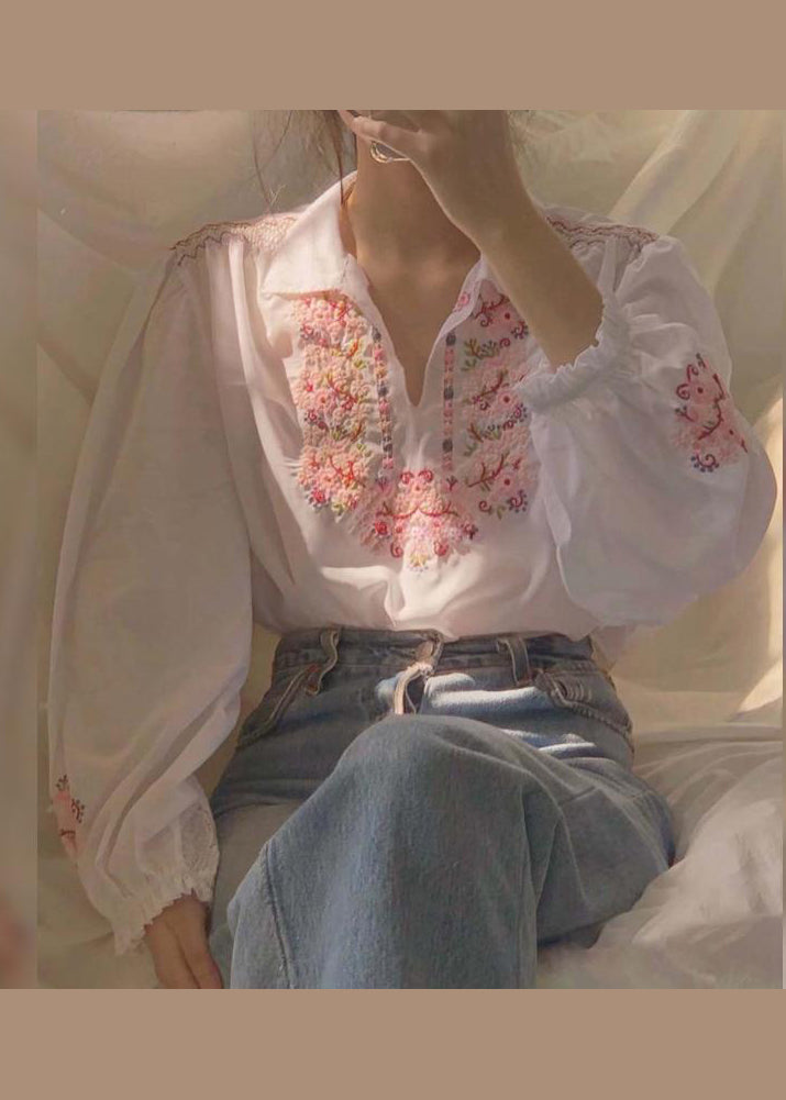 White Embroideried Patchwork Chiffon Shirt Fall