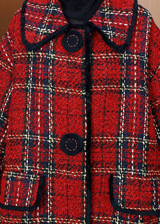 Red Peter Pan Collar Pockets Plaid Woolen Coats Winter
