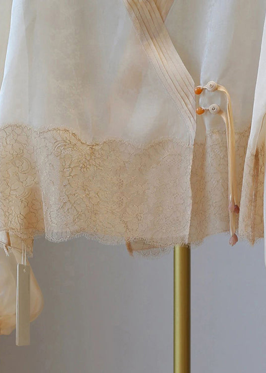 Apricot V Neck Tasseled Patchwork Tulle Upf 50+ Coat Summer