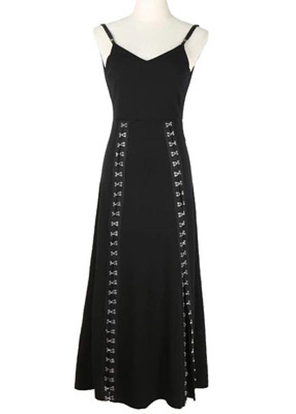 Art Black Summer Side Open Cotton Spaghetti Strap Dress