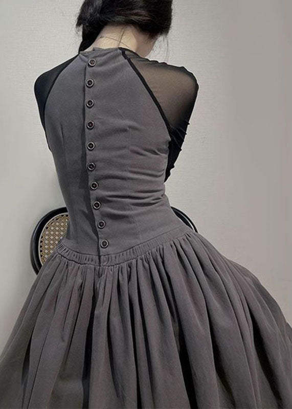Grey O-neck Wrinkled Tulle Patchwork Long Dress Long Sleeve