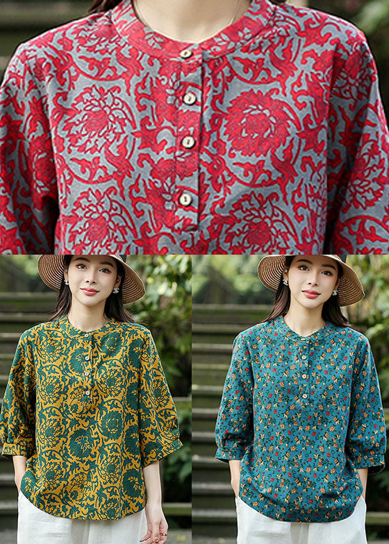 Blue Print Linen Loose Shirts for O-neck Button Bracelet Sleeve