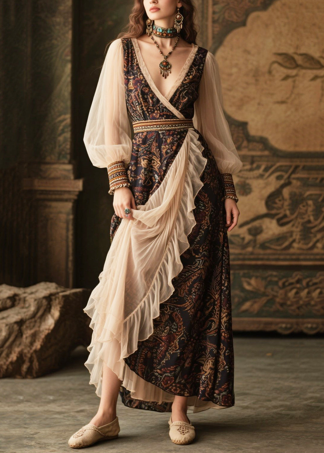Black V Neck Patchwork Tulle Chiffon Maxi Dresses Lantern Sleeve