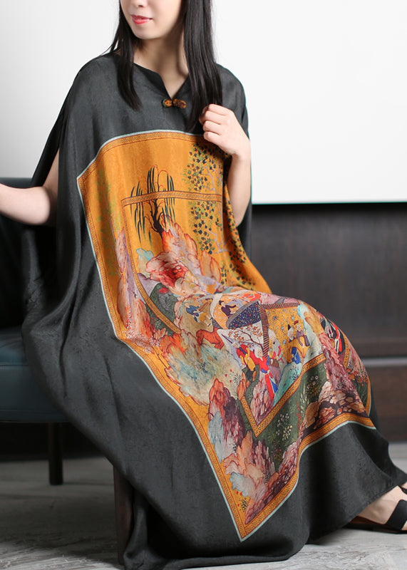 Yellow Print O-neck Silk Long Dress Batwing Sleeve