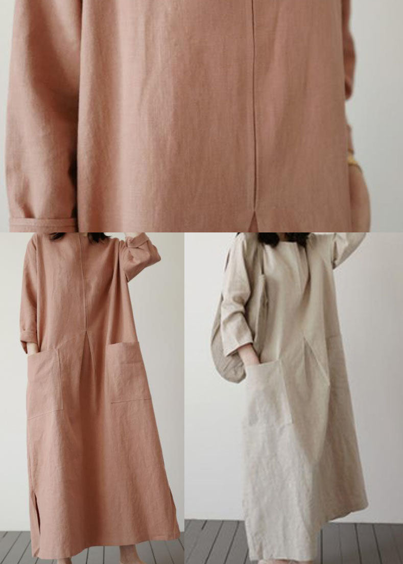 Italian Beige O-neck Side Open Cotton Dress Spring