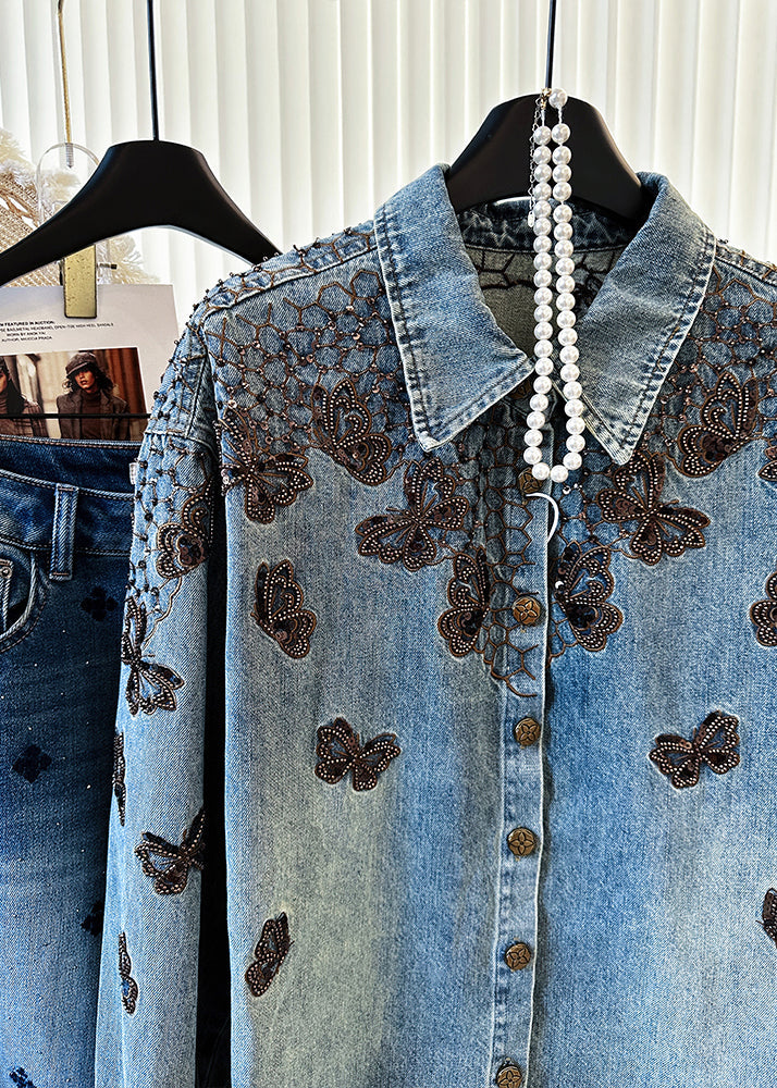 Blue Embroidered Butterfly Denim Coats Spring