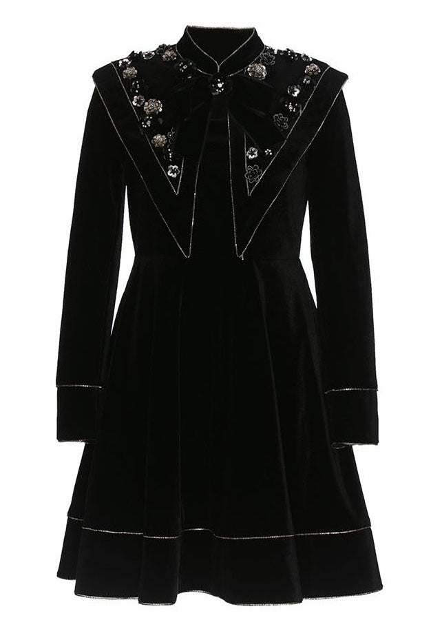 French Black Stand Collar Nail Bead Zircon Velour Dress Spring