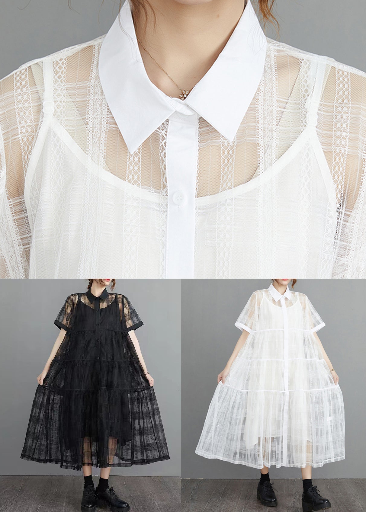 French Black Button Tulle Two Piece Set Short Sleeve