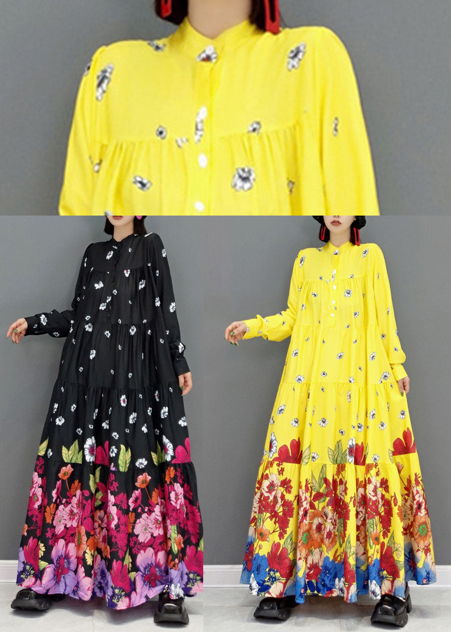 Black Stand Collar Print Cotton Long Dress Long Sleeve