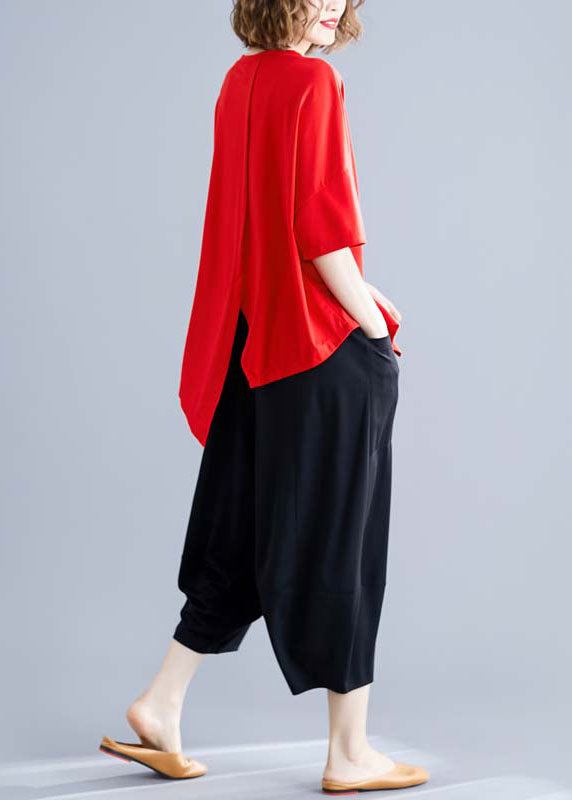 Red O-neck Asymmetrical Patchwork Cotton Two Piece Set Summer